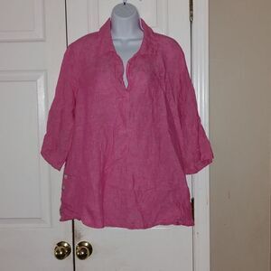 Tahari  pink  100% linen tunic  top   3/4 length sleeve Sz 1X